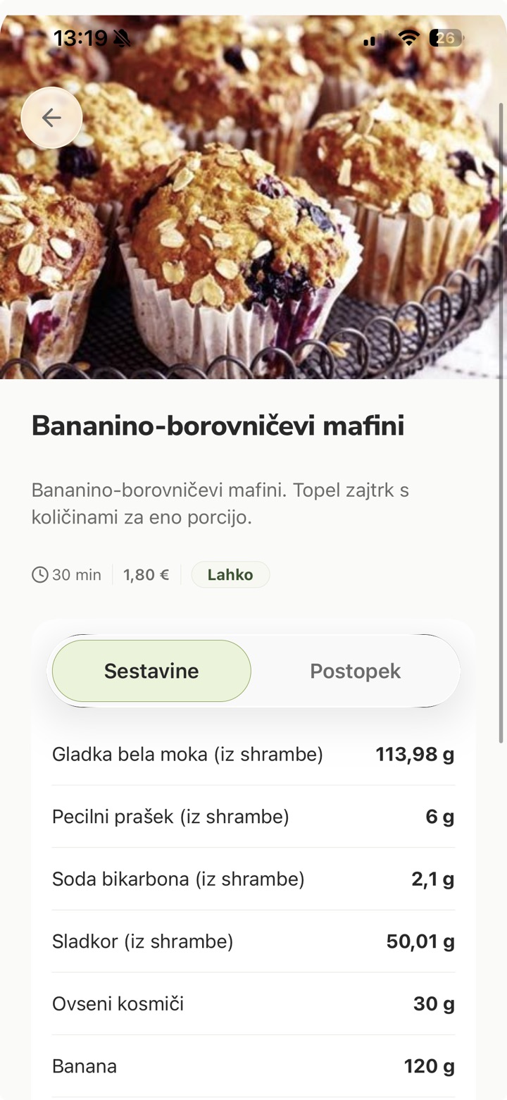 Recept v aplikaciji: bananino-borovničevi mafini s sestavinami.